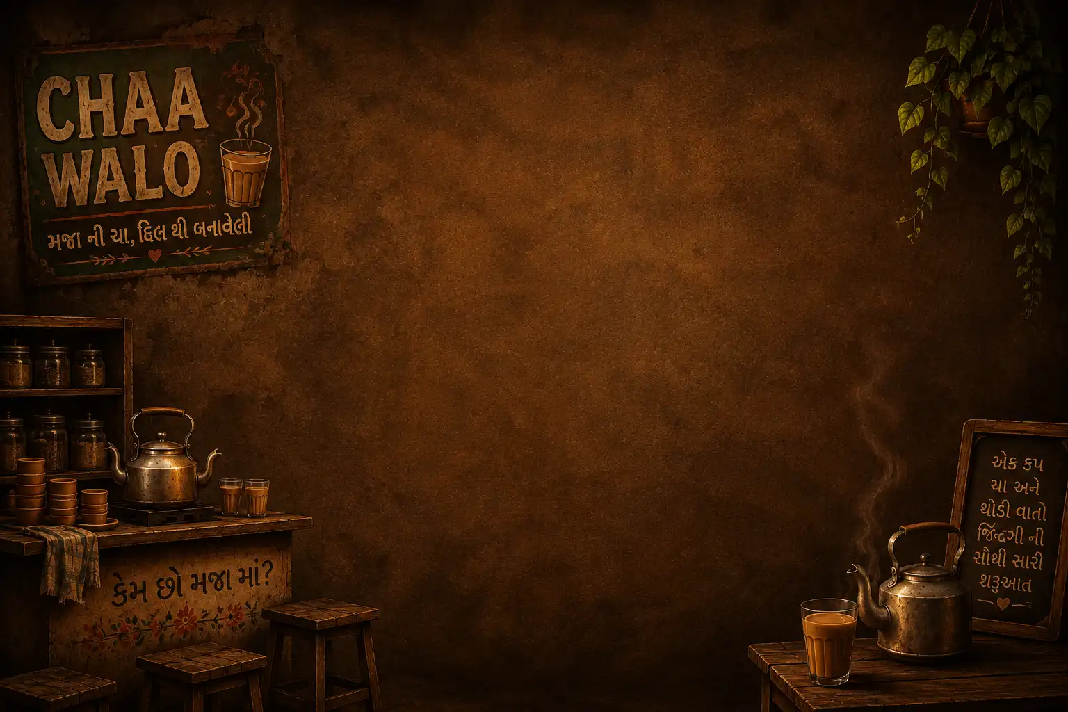 A Gujarati tea stall: kettles and cutting glasses on a wooden counter under a painted CHAA WALO board